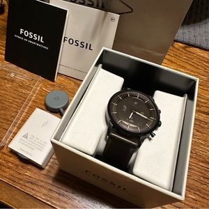 Men’s Fossil Collider Hybrid HR Smartwatch Black/Dark Brown Leather Band EUC